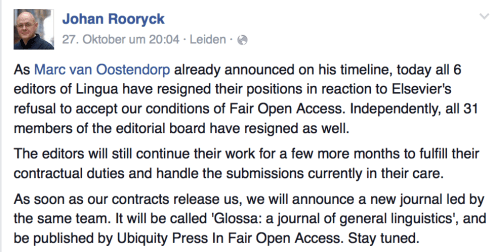 Ankündigung von Johan Rooryck auf Facebook, 27.19.2015