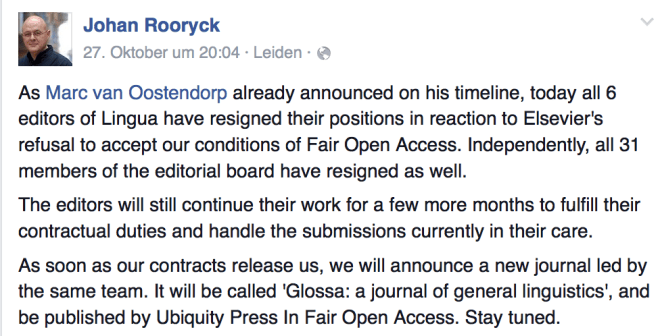 Ankündigung von Johan Rooryck auf Facebook, 27.19.2015