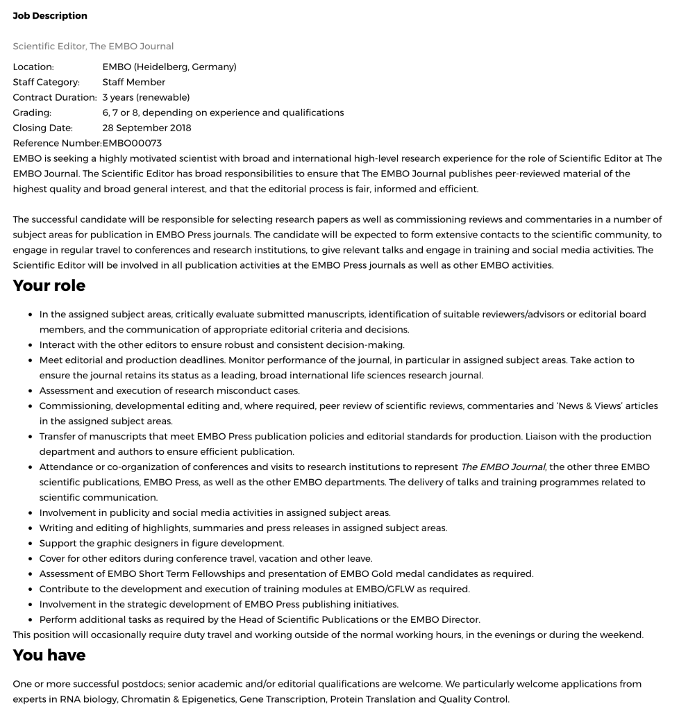 Job description Scientific Editor for Embo Journal